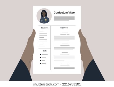 A police officer job application, a CV template, a young character wearing a uniform