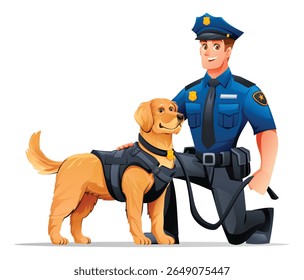 Police officer kneeling beside his Golden Retriever K9 partner, ready for public service. Vector cartoon illustration