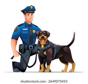 Police officer kneeling beside his K9 Rottweiler partner, showcasing their strong bond. Vector cartoon illustration