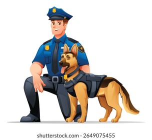 Police officer kneeling beside his K9 German Shepherd partner, showing dedication and bond. Vector cartoon illustration