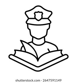 Policial com leis livro ícone de linha fina, conceito de advogado familiar. Gráficos vetoriais. Policial com signo de livro de direitos humanos sobre fundo branco, celular estilo ou design