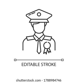 Police Officer Linear Icon. Military Patrol. Male Guard. Security Man In Uniform. Deputy Officer. Thin Line Customizable Illustration. Contour Symbol. Vector Isolated Outline Drawing. Editable Stroke