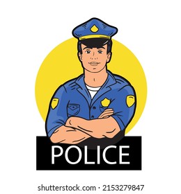 Police officer logo in color hand drawn in doodle style on yellow background.Police sketch.Vector illustration.