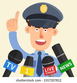 Police officer makes an important statement on television. Press conference for mass media from police office. Interview police sheriff. Vector illustration, flat cartoon style. Isolated background.