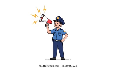 Police officer making important announcement through megaphone spreading information publicly