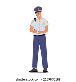 Police Officer Male Character Professional Occupation, Traffic Policeman Job. Road Inspector Wear Uniform Writing Fine to Intruder Isolated on White Background. Cartoon People Vector Illustration