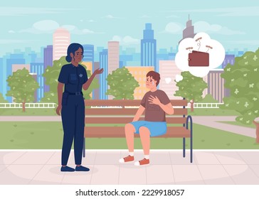 Police officer and man losing wallet flat color vector illustration. Victim of robbery and policewoman. Crime investigation. Fully editable 2D simple cartoon characters with green park on background