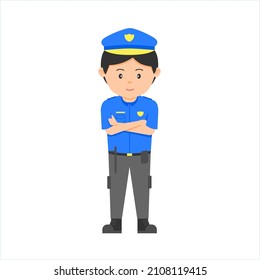 a Police officer man uniform standing in front view. Job at police station. Vector character illustration isolated on white background.