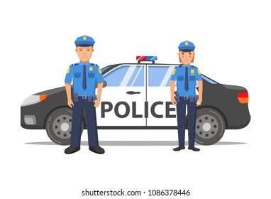 Police officer man and woman cartoon character.Police car sedan side view. Flat illustration vector.Emergency service cop in a uniform.