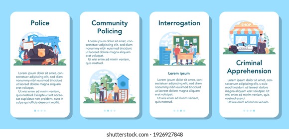 Police Officer Mobile Application Banner Set. Detective Making Interrogation. Policeman Patrol The City And Making Apprehensions. 911 Service Community Policing. Flat Vector Illustration