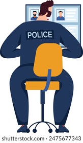 Police officer monitoring suspects computer, law enforcement concept. Male cop analyzing data, wearing uniform sitting desk. Back view policeman work, security surveillance