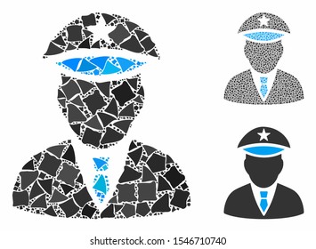 Police officer mosaic of tuberous parts in various sizes and color tinges, based on police officer icon. Vector humpy parts are united into mosaic. Police officer icons collage with dotted pattern.