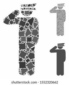 Police officer mosaic of tuberous parts in variable sizes and color tones, based on police officer icon. Vector rugged pieces are grouped into collage.