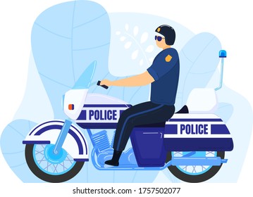 Police officer motorcycle transport work militia, man patrolling urban precinct isolated on white, cartoon vector illustration. Person sitting chopper protect law in city, street security.