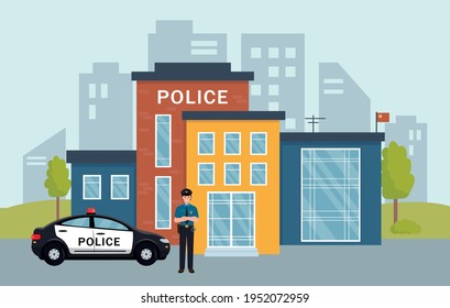 Police officer near car and Police station building. City police department house facade with vehicle and policeman. Vector illustration.