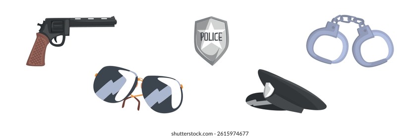 Police Officer Object and Equipment Different Vector Set