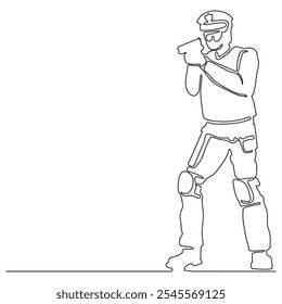 Police officer on duty drawn in a continuous line, vector illustration on isolated white background.