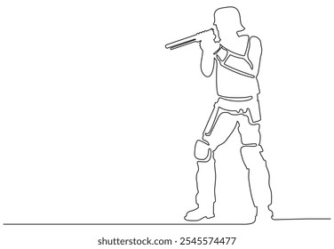 Police officer on duty drawn in a continuous line, soldier on a military mission, vector illustration with isolated white background.