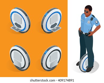 Police officer on One-wheeled Self-balancing electric scooter. Eco transport. 