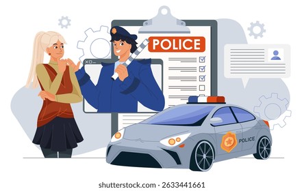 Police officer online. Man in police uniform communicates with young girl. Protecting civilians and fighting crime. Policeman interviewing woman. Flat vector illustration