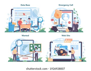 Police Officer Online Service Or Platform Set. Detective Making Interrogation. Policeman Patrol The City, Community Policing. Online Data Base, Emergency Call, Wanted, Website. Vector Illustration