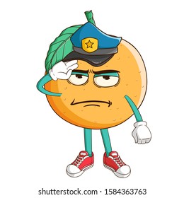 Police officer of orange fruit cartoon character with funny expression