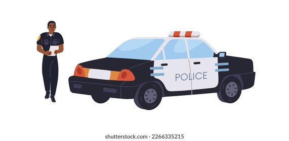 Police officer and patrol car. African-American policeman going with documents. Cop in uniform at auto. Official man from municipal authority. Flat vector illustration isolated on white background