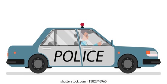 Police officer in a patrol car. Vector illustration. Flat drawing style. Isolated on a white background.