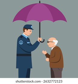 Um policial, com um símbolo de paz, abriga um idoso com um guarda-chuva roxo.