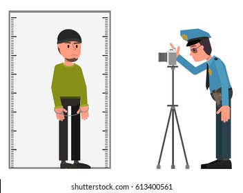 The police officer photographs the suspect. Vector illustration. Flat style design. Isolated on a white background.