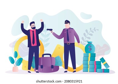 Police Officer Pointed Gun At Thief. Businessman Stole Large Amount Of Money. Policeman Arresting Criminal For Illegal Conduct. Burglar With Raised Hands. Concept Of Police, Law. Vector Illustration