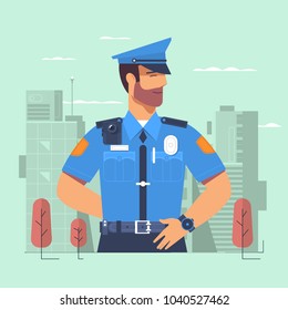 Police officer, policeman, cartoon character, vector illustration isolated on background