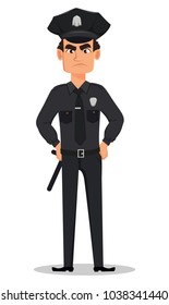 Police officer, policeman with hands on hips. Angry cartoon character cop. Vector illustration isolated on white background