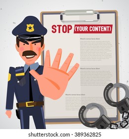 Police officer. Policeman holds up hand in stop gesture. character design - vector illustration