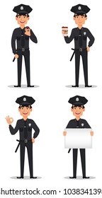 Police officer, policeman. Set of cartoon character cop with cup of coffee, with donut, showing ok sign and with banner. Vector illustration isolated on white background