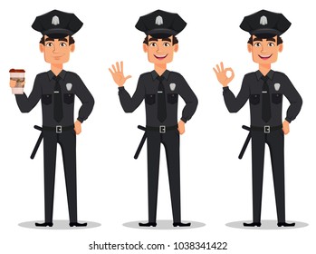 Police officer, policeman. Set of cartoon character cop with a cup of coffee, waving hand and showing ok sign. Vector illustration isolated on white background