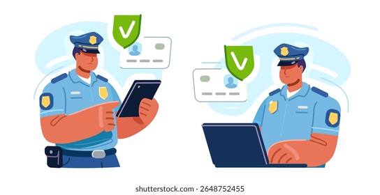 Police officer, policeman at work. Law enforcement, representative of state security. Protection of rights, control