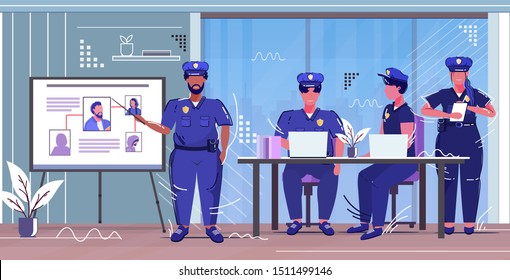 police officer presenting to colleagues information board with thief photo african american policeman in uniform security authority justice law service concept sketch full length horizontal