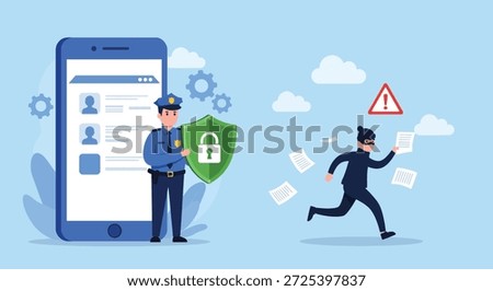 A police officer protects user data on a mobile phone from a running thief, symbolizing online security, privacy, and cybersecurity.