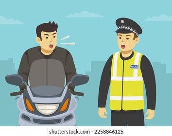 Police officer pulls over a motorcyclist without helmet. Traffic police officer and motor rider yelling to each other. Close-up view. Flat vector illustration template.