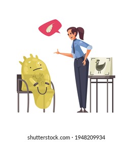 Police officer questioning arrested slime alien in cuffs cartoon vector illustration