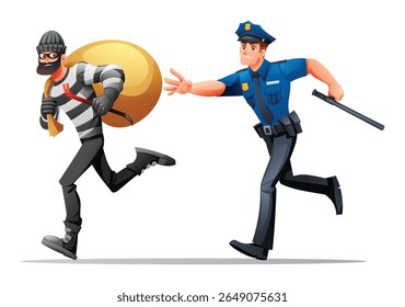 Police officer reaching out to catch a running robber with a bag of stolen goods. Vector cartoon illustration