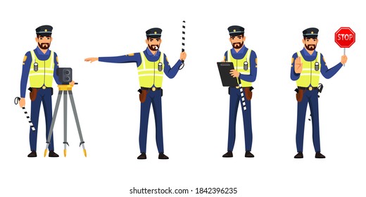 Police officer refulating traffic set. Policeman stopping, standing with camera device, showing stop sign, giving signal to drive. Safe driving vector illustration. Man in uniform on white background.