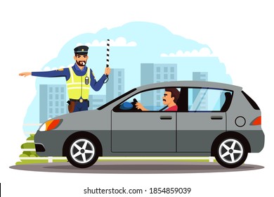 Police officer regulating road with cars. Man sitting in car, policeman standing allowing to drive further, hand gesture. Safe driving in city vector illustration. Street rules and safety.