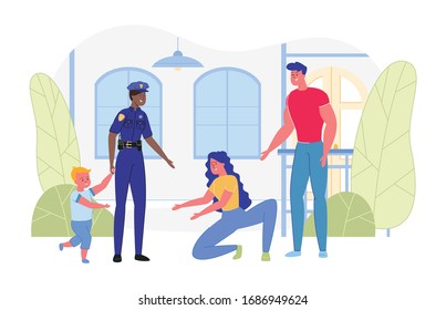 Police Officer Returns Lost Child to Parents. Law Enforcement Agencies Responsibilities on Search Missing People, Population Security and CIvil Cases Investigation. Flat Cartoon Vector Illustration.