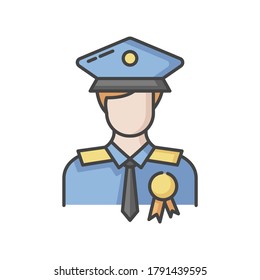 Police Officer RGB Color Icon. Military Patrol. Male Guard. Security Man In Uniform. Deputy Officer. Captain In Hat. Agency Representative. Federal Inspector. Isolated Vector Illustration