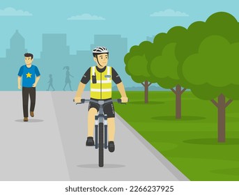 Police officer riding bike on sidewalk at city park. Front view. Flat vector illustration template.