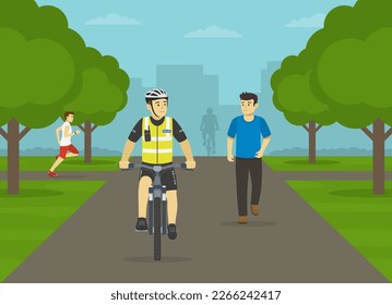 Polizeibeamter, der Fahrrad auf Parkweg fährt. Vorderer Blick auf eine Radtafel. Flache Vektorgrafik-Vorlage.