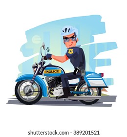 Police officer riding motorcycle with city in background. character design. Motorcycle Cop - vector illustration