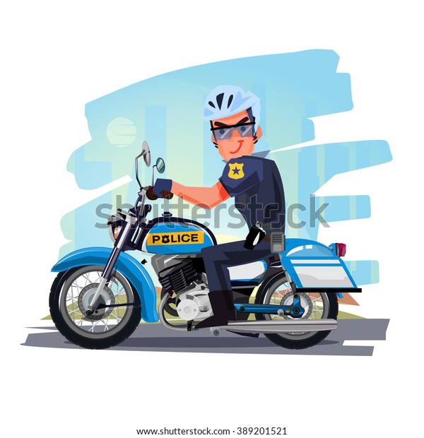 Police\
officer riding motorcycle with city in background. character\
design. Motorcycle Cop - vector\
illustration